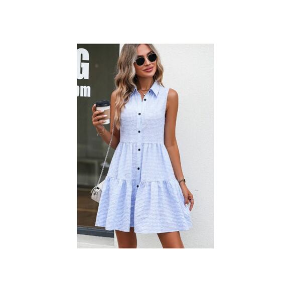 Beach Sissi Large Dress Sleeveless Ruffle Tiered Blue Gingham - Picture 1 of 9